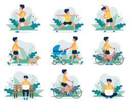 Happy man doing different outdoor activities running, dog walking, yoga, exercising, sport, cycling, walking with baby carriage. vector