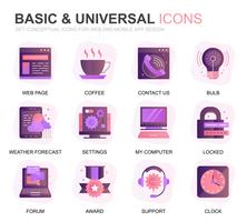 Moderno conjunto de iconos planos degradados básicos para aplicaciones web y móviles. Contiene iconos como ubicación, maletín, lámpara, soporte, negocios, premio. Icono plano de color conceptual. Pack de pictogramas vectoriales. vector