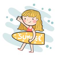 Dibujo lindo surfista feliz niña sosteniendo vector plano de tabla de surf de verano