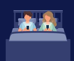 Pares que ponen en cama con los teléfonos en la noche. Ilustración del concepto para los trastornos del sueño, estilo de vida saludable, problemas de relación. vector