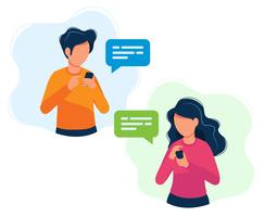 Man and woman with smartphones. Concept illustration, texting, messaging, chatting, social media, customer assistance, dating, communication. vector