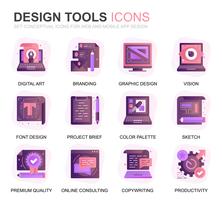 Modern Set Design Tools Gradient Flat Icons for Website and Mobile Apps. Contains such Icons as Creative, Developing, Precision, Vision, Sketch. Conceptual color flat icon. Vector pictogram pack.