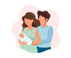 Happy parents - cute cartoon  concept illustration of a couple holding newborn baby, healthcare, parenting, medicine. vector