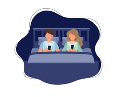 Couple laying in bed with phones at night. Vector illustration in flat cartoon style