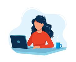 Woman working with computer. Bright colorful vector illustration. 