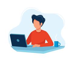 Man working with computer.  Bright colorful vector illustration. 