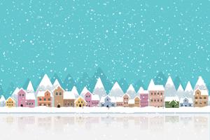 Winter town flat style with snow falling and mountain 002