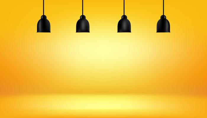 yellow background with light boxes on ceiling, abstract gradient studio and wall texture