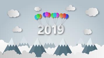 Feliz año nuevo 2019 ilustración creativa estilo de corte de papel. vector