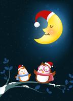 Owl cartoon smile on tree branch twig and falling snow in the winter night backgroud vector illustration 002