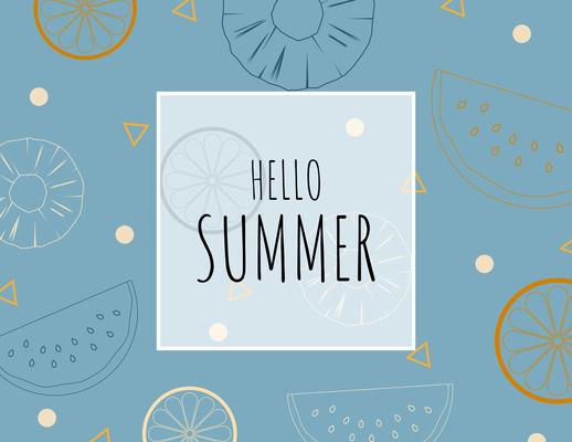 Creative illustration summer background with outline tropical fruits.