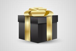 Caja de regalo negra o presente sobre fondo blanco con cinta dorada. vector