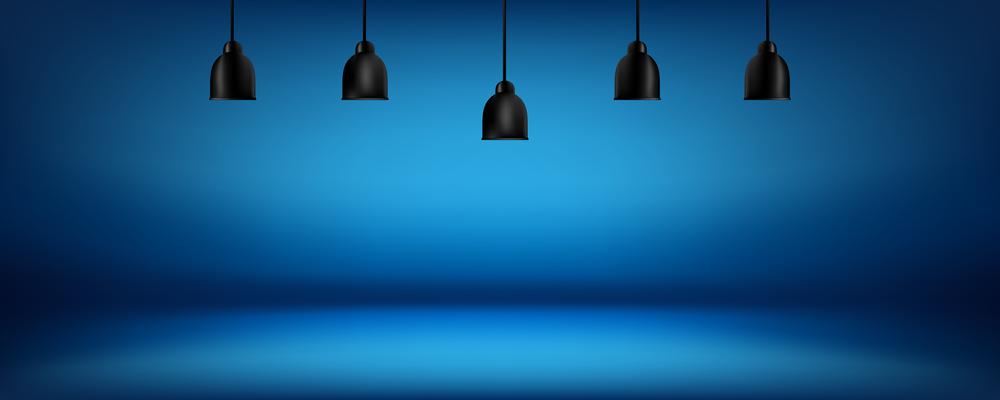 blue background with light boxes on ceiling, abstract gradient studio and wall texture