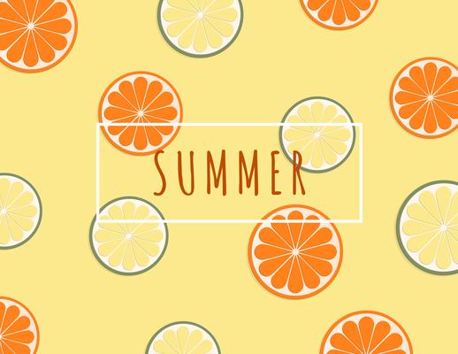 Creative illustration summer background with tropical fruits orange and lime.