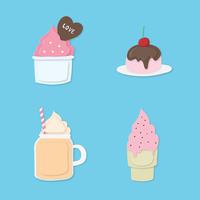 Set of colorful pastel sweet dessert. Ice cream, cup cake, juice, pan cake on blue background.  vector