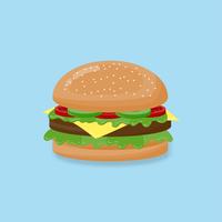 Vector illustration Hamburger with cheese, beef, salad,tomato on blue background.