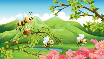A view of the mountain with flowers and bees vector