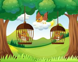 Owls in cages hanging on trees vector
