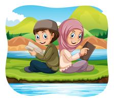Niño musulmán y niña leyendo en el parque vector