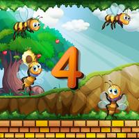 Número cuatro con 4 abejas volando en el jardín. vector