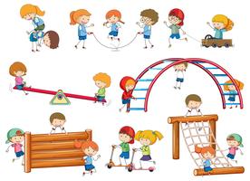 Simple kids doodles playing on play equipment vector