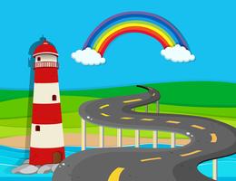 Nature scene with lighthouse and road vector