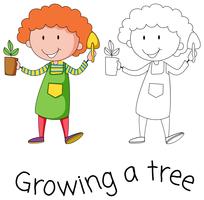 Doodle niño creciendo un árbol vector