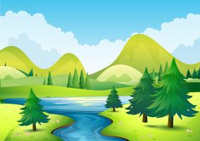 Escena de la naturaleza con rio y cerros. vector