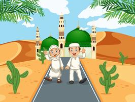 Muslim couple in front of the mosque vector