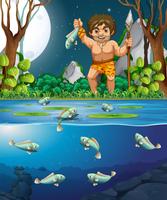 A caveman catching fish vector