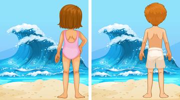 Escenas oceánicas con niña y niño mirando olas vector