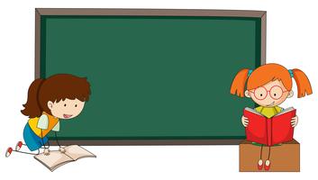 Doodle girls reading book on blackboard template vector