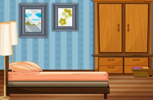 Escena dormitorio con cama y armario de madera. vector