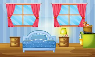 Bedroom with blue bed and wallpaper vector