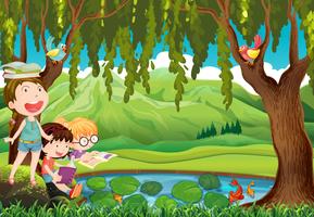 Children reading books by the pond vector