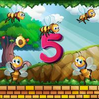 Number five with 5 bees flying in garden vector