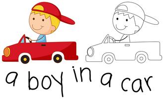 Doodle niño feliz montando un coche