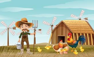 Farmer and chickens in the farm vector