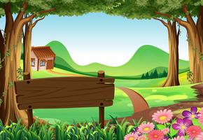 Wooden sign and countryside scene background