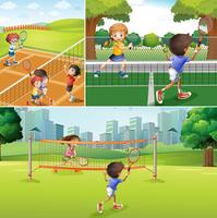 Kids playing tennis at the courts vector