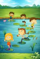 Children stepping on lotus leaves vector