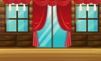 Room with wooden furniture and red curtain vector