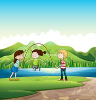 Three kids playing near the river vector