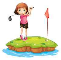 Una isla con una niña jugando al golf. vector