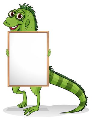 An iguana holding a framed board