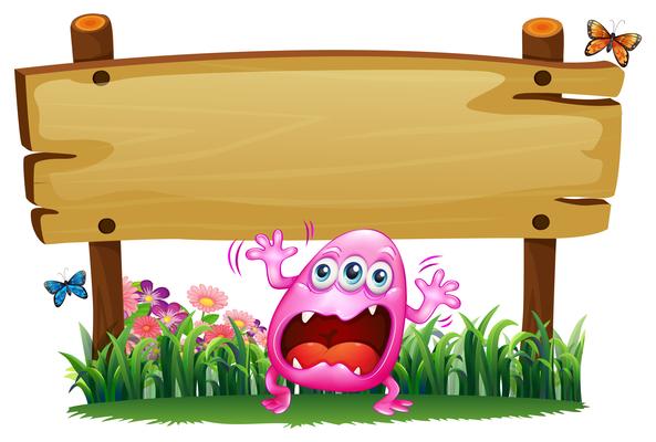 A scared pink monster under the wooden signboard