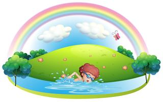 Un joven nadando cerca de la colina con un arco iris. vector