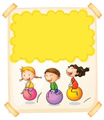 Paper design with three kids on big balls