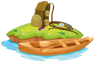 Varios objetos para acampar y una canoa. vector