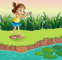 A girl taking photos at the pond vector